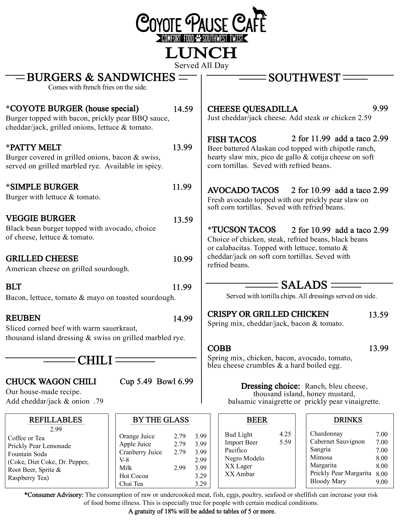 Coyote Pause Cafe Menu Front